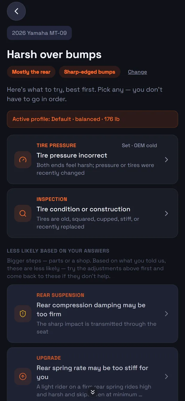 The likely causes ranked best first, each with the change to make and what you should feel
