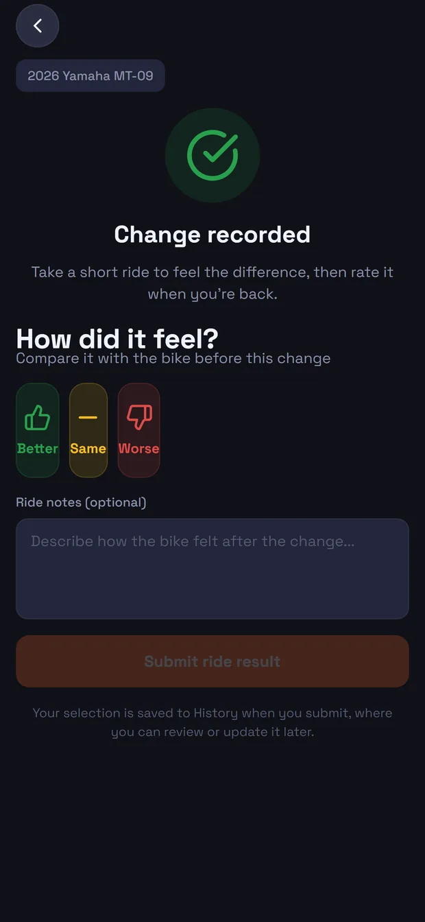 Rating a change as better, the same, or worse after riding it