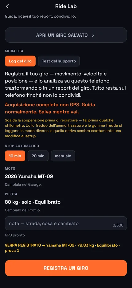 La schermata di registrazione. Moto e profilo pilota in alto, il campo per la nota sotto.