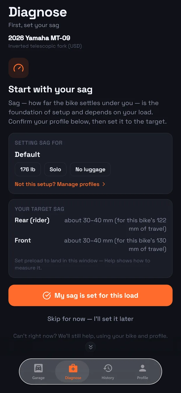 The target sag window for this bike and this rider profile, front and rear
